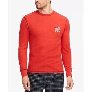 Polo Ralph Lauren Men's Shirt Red Sleepwear Waffle Knit Thermal Flag Logo  Sz L